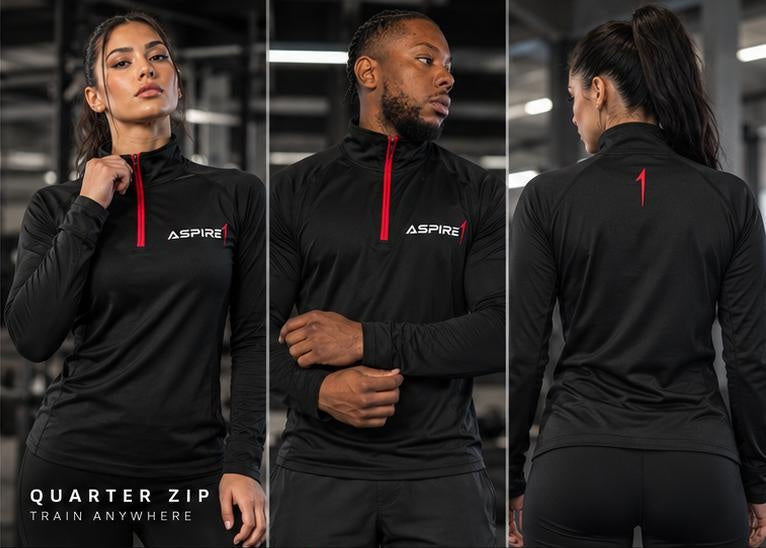 Aspire1 1/4 Zip lookbook — front, side and back, Train Anywhere