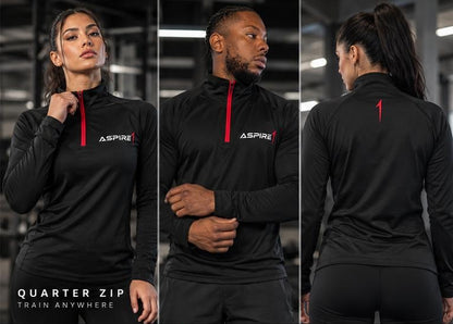 Aspire1 1/4 Zip lookbook — front, side and back, Train Anywhere
