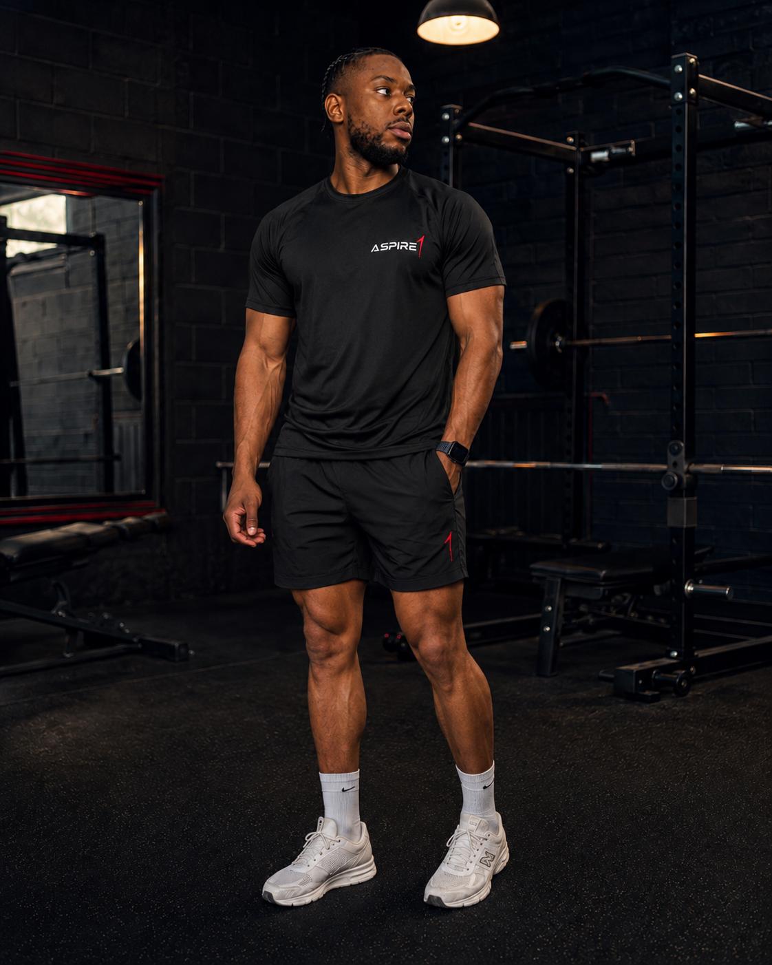 Aspire1 Training Shorts worn with the Tech T in the gym