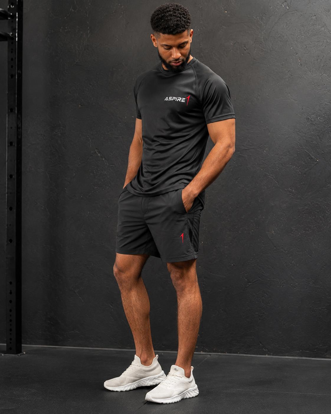 Aspire1 Training Shorts with zipped pocket and red 1