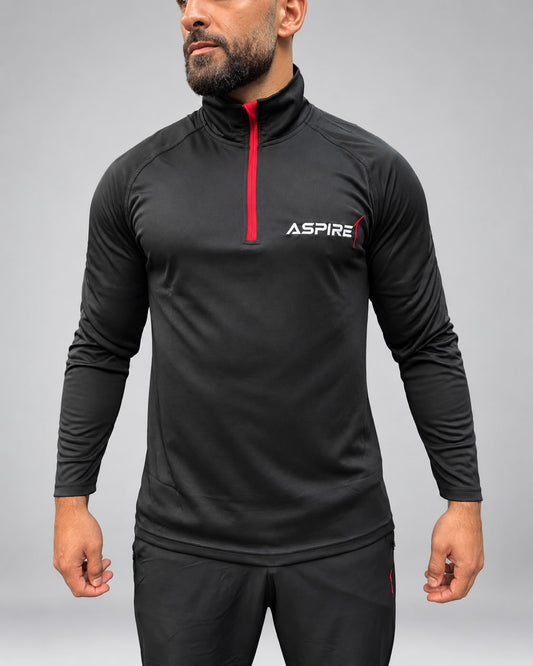 Aspire1 1/4 Zip in black with red placket, front view