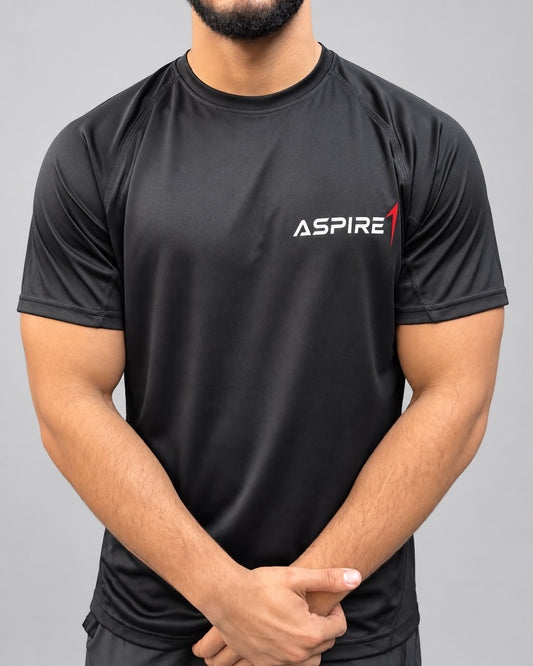 Aspire1 Tech T in black, front view with chest logo